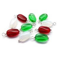 Glass Bead Charms in Christmas Colors, 10 pieces, Twisted Oval Dangles in Red Green & White, Adorabilities