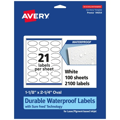 Avery Durable Waterproof Oval Labels with Sure Feed, 1-1/8" x 2-1/4"