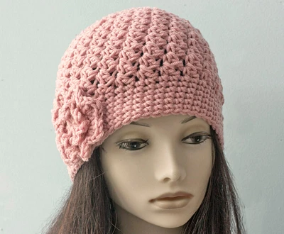Hand Crochet Winter Beanie Hat with Flower for Women