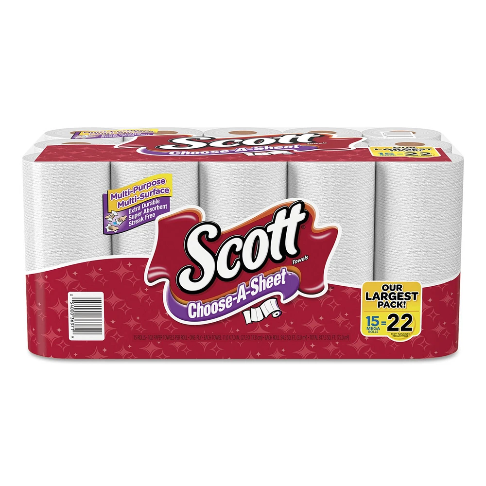 Scott Choose-A-Sheet Mega Roll Paper Towels, 1-Ply, White, 102/Roll, 30 Rolls Carton