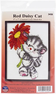 Design Works Counted Cross Stitch Kit 5"X7"-Red Daisy Cat (14 Count)