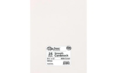 PA Paper Accents Smooth Cardstock 8.5" x 11" White, 80lb colored cardstock paper for card making, scrapbooking, printing, quilling and crafts, 25 piece pack