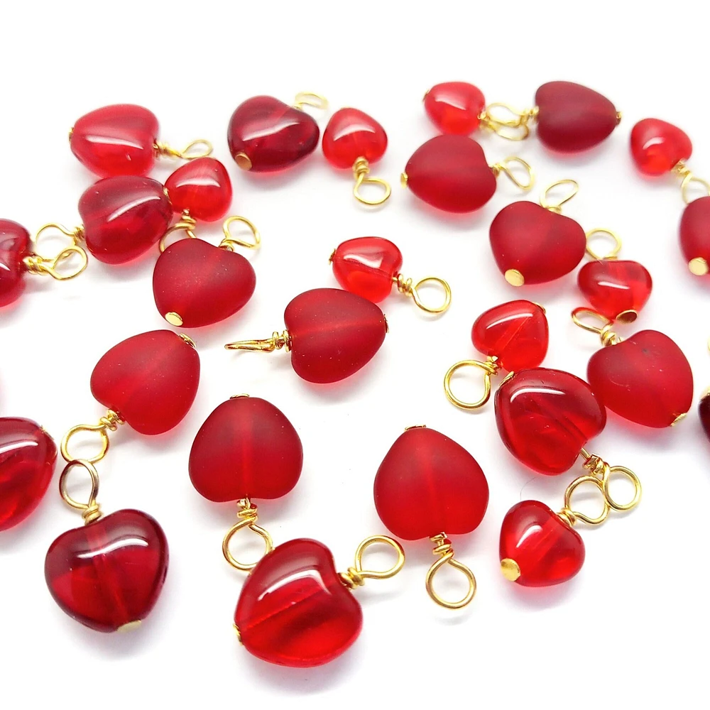 Heart Dangle Charms with Gold-Plated Wire, Set of 10, Valentine's Day Charms