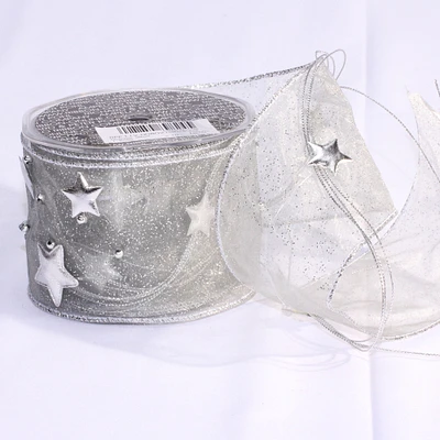 The Ribbon People Sheer Shimmering Silver Galaxies Wired Craft Ribbon 2.75" x 11 Yards