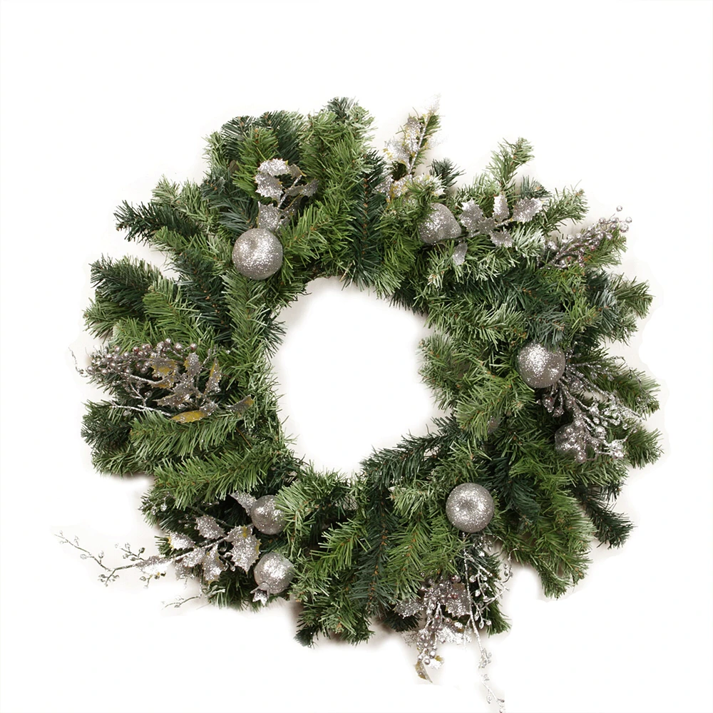 DAK Silver Fruit and Leaf Artificial Christmas Wreath - 24-Inch, Unlit