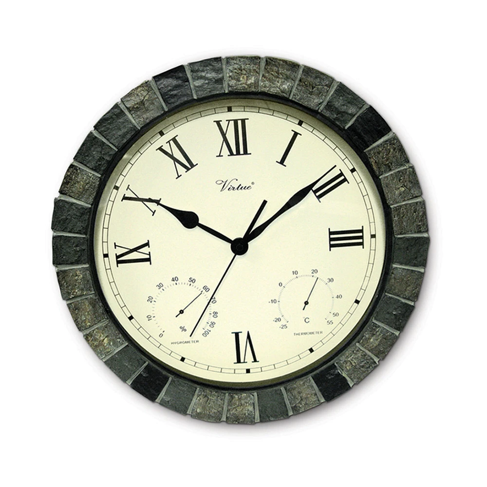 Swim Central 15" Battery Operated Faux Stone Large Print Roman Numeral Outdoor Clock with Thermometer and Hygrometer