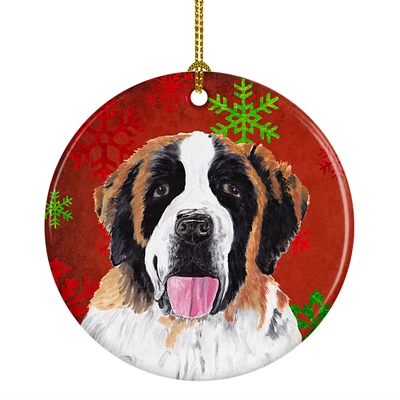 "Caroline's Treasures SC9422-CO1 Saint Bernard Red Snowflakes Holiday Christmas Ceramic Ornament, Multicolor"