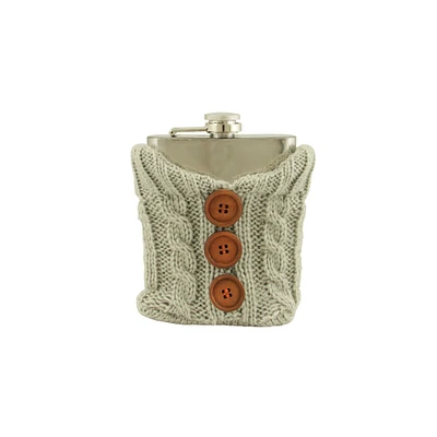 Wild Eye Stainless Steel Drinking Flask with Cozy Gray Knit Sweater with Brown Buttons - 7 oz