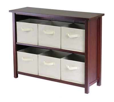 Contemporary Home Living 30” Brown and Beige Two Section Storage Shelf with Six Foldable Fabric Basket
