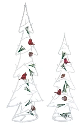 Melrose Set of 2 White and Red Christmas Trees with Cardinal Birds Tabletop Decors 30"