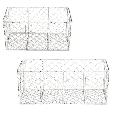 Contemporary Home Living Set of 2 Antique White Wire Wall Basket Storage, 17"