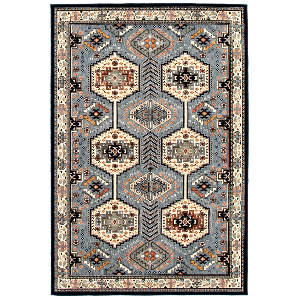 Chaudhary Living 5.25' x 7.25' Aqua and Cream Medallion Geometric Rectangular Area Throw Rug