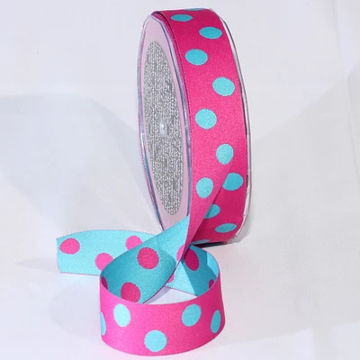 The Ribbon People Pink and Blue Double Dots Woven Taffeta Craft Ribbon 1" x 54 Yards