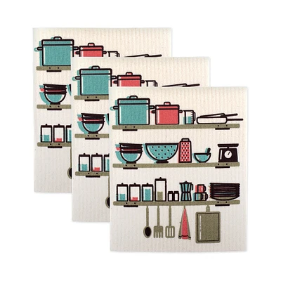 Contemporary Home Living Set of 3 Beige and Turquoise Blue Utensils Rectangular Dishcloths 7.75"
