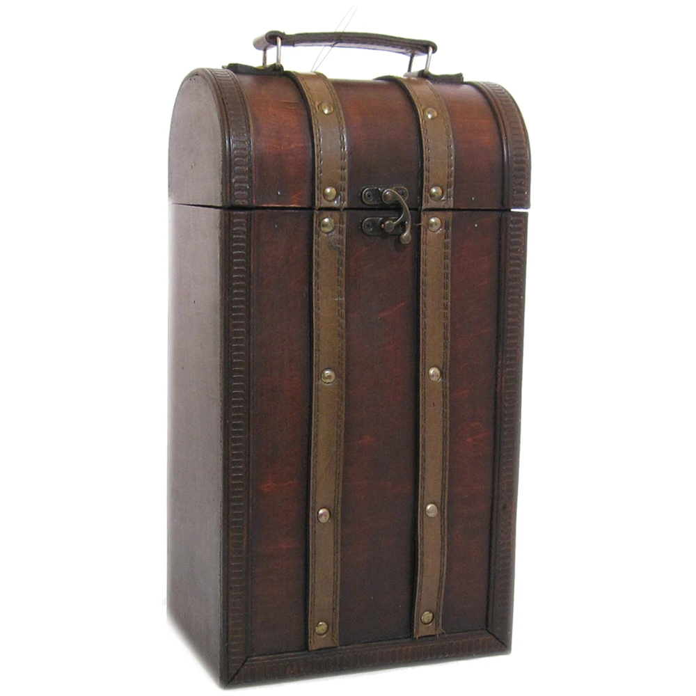 GC Home & Garden 14" Brown Leather Vintage Style Treasure Chest Wooden Two Wine Bottle Box