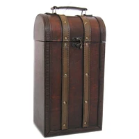 GC Home & Garden 14" Brown Leather Vintage Style Treasure Chest Wooden Two Wine Bottle Box