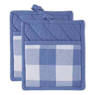 Contemporary Home Living Set of 2 9" x 8" Stonewash Blue and Cotton White Buffalo Check Potholder