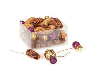 Diva At Home Club Pack of 41 Purple and Gold Disco Balls with Glittered Christmas Pine Cones 4"