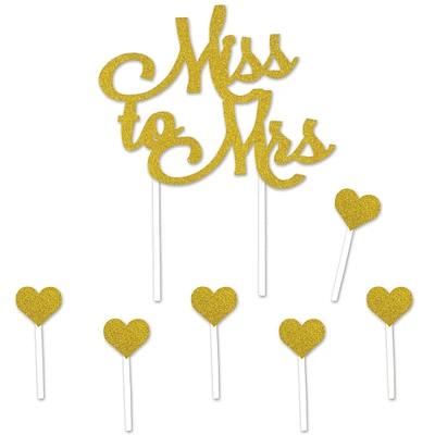Party Central Club Pack of 12 Glittery Gold Bachelorette Miss To Mrs Hearts Cake Topper Party Picks Decors 8.75"