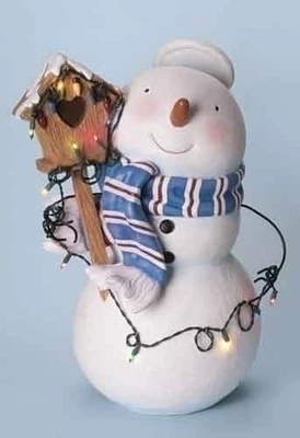 Roman 25 White and Blue Lighted Snowman with Halo and Birdhouse Christmas Figure