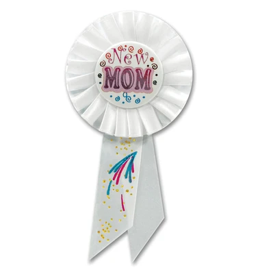 Beistle Pack of 6 White and Blue "New Mom" Baby Shower Celebration Party Rosette Ribbons 6.5"