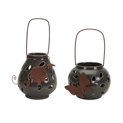 Contemporary Home Living Set of 2 Gray Leaf Cutout Butterfly and Flower Accented Lanterns 7.75"