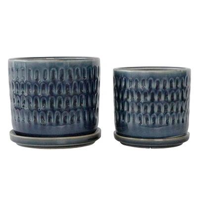 Kingston Living Set of 2 Blue Hammered Ceramic Planters with Saucer 6"