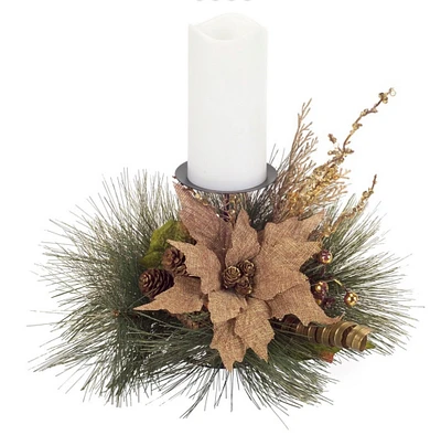 Melrose 19" Green and Brown Poinsettia Pine Cone Christmas Candle Holder