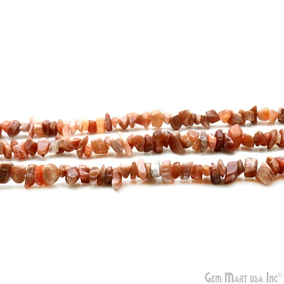 Peach Moonstone Chip Beads, 34 Inch, Natural Chip Strands, Drilled Strung Nugget Beads, 7-10mm, Polished, GemMartUSA (CHMO-70004)