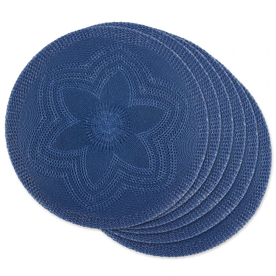 Contemporary Home Living Set of 6 French Blue Floral Woven Round Placemat, 15"