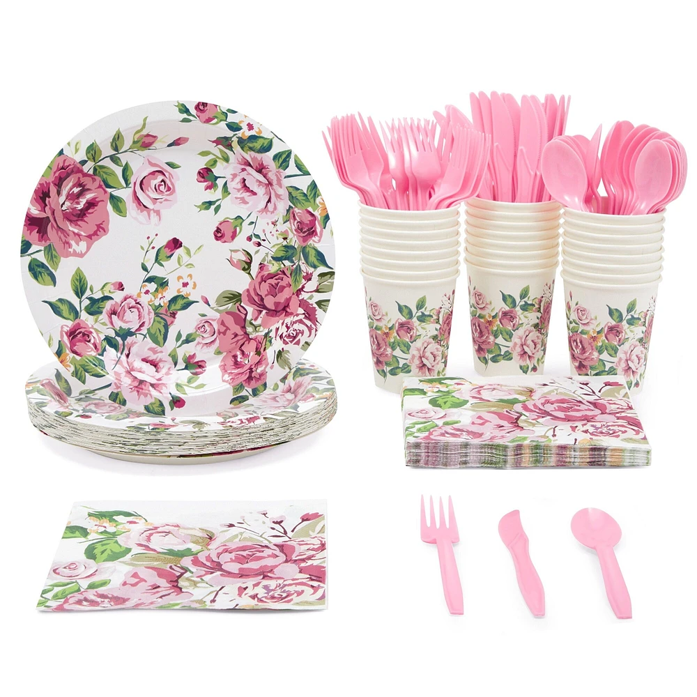 144 Piece Vintage Style Tea Party Supplies with Pink Floral Paper Plates, Napkins, Cups, and Cutlery, Disposable Tableware Set for Girls Baby Shower, Wedding (Serves 24)