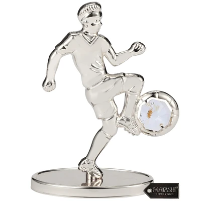 Matashi   Silver Plated Soccer Football Player Figurine with Crystals Gift for Sports Fan, Desk Accessories, Trophy, Boss