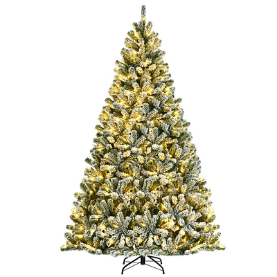 Costway 8ft Pre-lit Snow Flocked Hinged Christmas Tree w/1502 Tips & Metal Stand