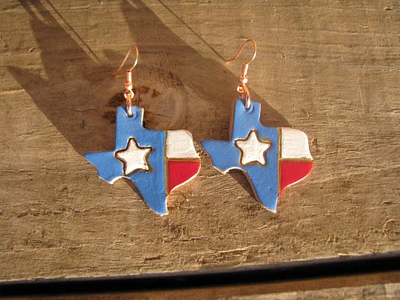 TEXAS SPIRIT EARRINGS, Texas Shaped Hand Painted Leather Earrings, Choose Any 3 Colors! Real Veg Tan Leather, Ear wires or Dangle Studs