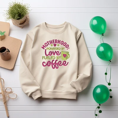 Embroidered Motherhood Fueled by Coffee Sweatshirt Mother's Day Sweater Gift Cute Comfy Pullover Present Unisex Hoodie Custom Crewneck