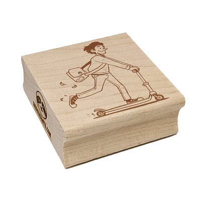 Young Man Student on Scooter Square Rubber Stamp for Stamping Crafting