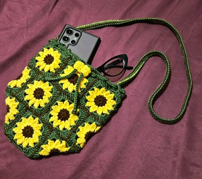 Crochet Granny Square Sunflower Bag - Drawstring Purse