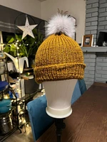 Hand Knit Classic Beanie with Faux Fur Pompom Various Colors Size Adult Medium