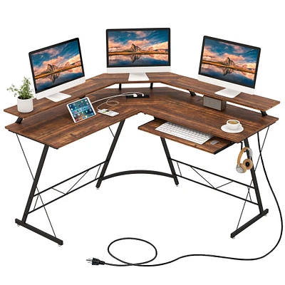 Costway L-shaped Computer Desk with Power Outlet 51" Corner Computer Workstation Rustic Brown/Black