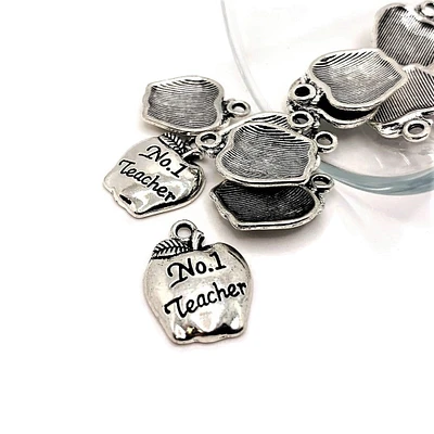 4, 20 or 50 Pieces: Silver Number 1 Teacher Apple Charms