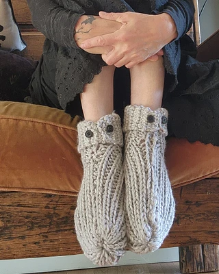 Hand Knit Slipper Socks in Gray with Vintage Buttons, Womens "Icicle", One of a Kind