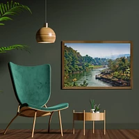 Ambesonne East Framed Wall Art, River Kwai Living House Tropic Thailand Village Attractions Scenery, Fabric Decor with Teak Tone Wood Frame Home & Dorm Decor, 35" x 23", Forest Green Turquoise