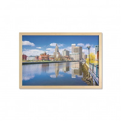 Ambesonne United States Wall Art with Frame, Providence Rhode Island Riverfront Spring Season Water Reflection Buildings, Printed Fabric Poster for Bathroom Living Room Dorms, 35" x 23", Multicolor