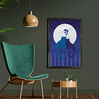 Ambesonne Fence Framed Wall Art, Cats in Love Watching Full Moon at Night Valentines Romantic Cartoon, Fabric Poster with Carbonized Tone Wood Frame Home Decor, 23" x 35", Indigo Cobalt Blue White