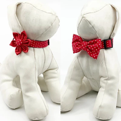 Red Polka Dot Dog Collar With Optional Flower Or Bow Adjustable Pet Collar Sizes XS, S, M, L, XL
