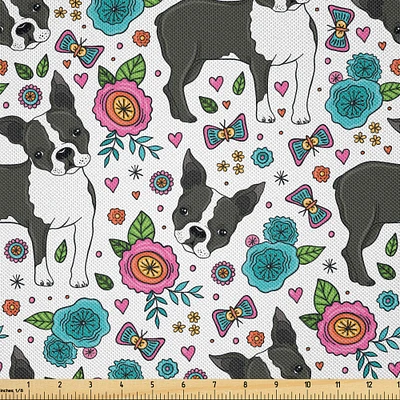 Ambesonne Dogs Fabric by The Yard, Boston Terriers and Colorful Flowers Blossoming Springtime Theme with Butterflies, Decorative Satin Fabric for Home Textiles and Crafts, 10 Yards, Grey Aqua