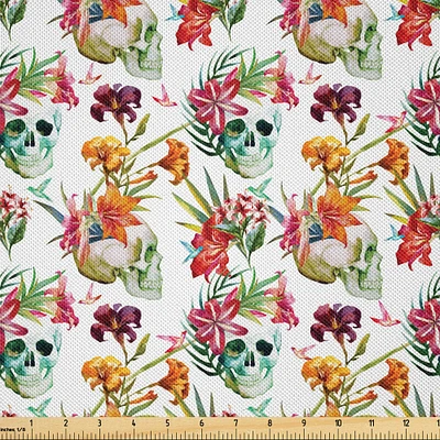 Ambesonne Skull Fabric by The Yard, Lilies Tropical Flower Blooms Leaves on Skull with Watercolor Painting Effect, Decorative Satin Fabric for Home Textiles and Crafts, 5 Yards, Pink Orange Green