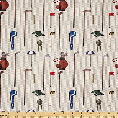 Ambesonne Golf Fabric by The Yard, Club and Ball Sport Theme Equipment Stroke Play Golfer Activity Leisure Hobby Design, Decorative Satin Fabric for Home Textiles and Crafts, 3 Yards, Multicolor