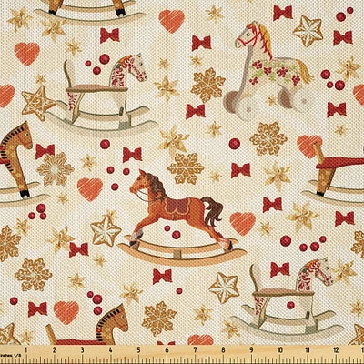 Ambesonne Toy Horse Fabric by The Yard, Vintage Rocking Horse Toy with Star and Bow Tie Grunge Elements Christmas Theme, Decorative Satin Fabric for Home Textiles and Crafts, 10 Yards, Multicolor