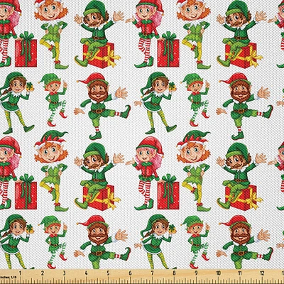 Ambesonne Holiday Christmas Time Fabric by The Yard, Pattern of Funny Elves and Gift Boxes Merry Joyous Times, Decorative Satin Fabric for Home Textiles and Crafts, 1 Yards, Multicolor